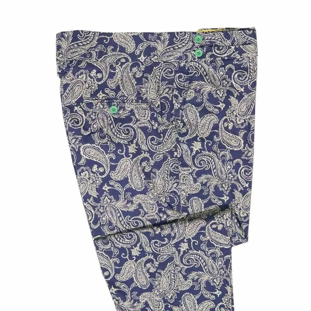 Mens Gurkha Pants 36 Blue Beige Paisley Chino Trousers Straight Fit Flat Front
